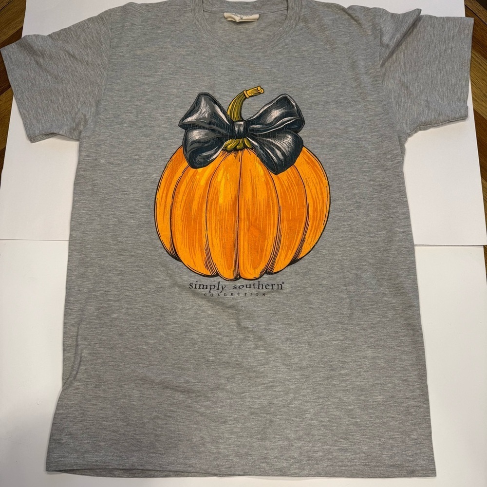 Simply Southern Gray Tee with Orange Pumpkin and Black Bow